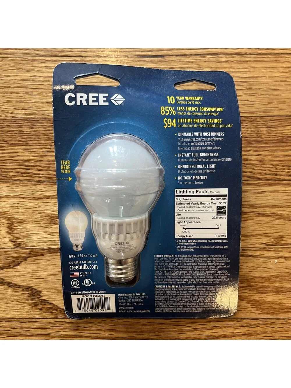 CREE Soft White LED 40W (6W) Dimmable Bulb 2700K 450 Lumens A19